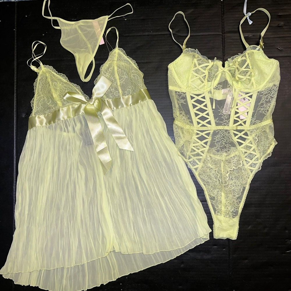 NWT Victoria's Secret M 34C 36B TEDDY one-piece bodysuit+L BABYDOLL YELLOW LACE